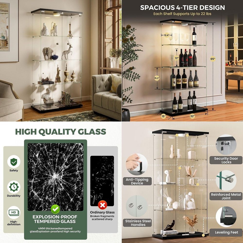 Lighting & Home Decor Studio - Vitrine mit LED-Beleuchtung und Schloss, 4-Regal-Kuriositätenschrank