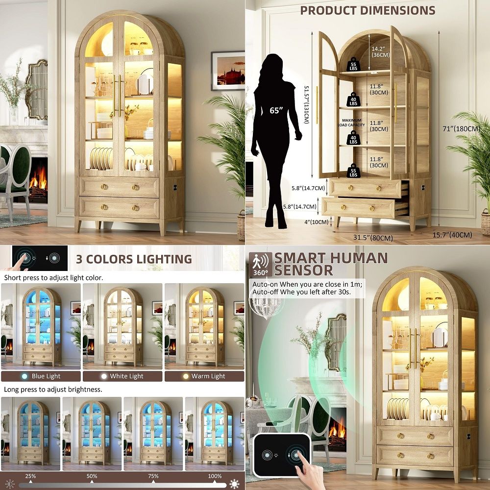 Lighting & Home Decor Studio - 71-Zoll-Bogenvitrine mit Glastüren, 4 Regalböden und