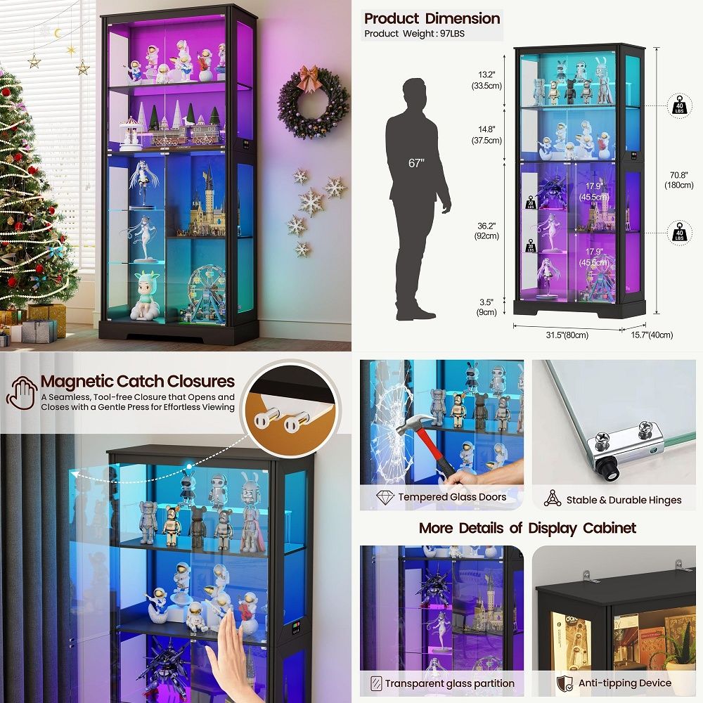 Lighting & Home Decor Studio - Beleuchteter Eck-Vitrinenschrank, Holzregal mit Gebogenen Regalen